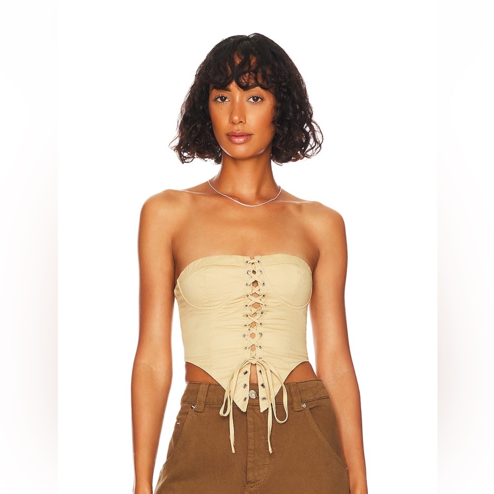 Ashlyn Lace Up Top in Beige by Superdown